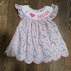 Smocked embroidered, "I love Mama" dress